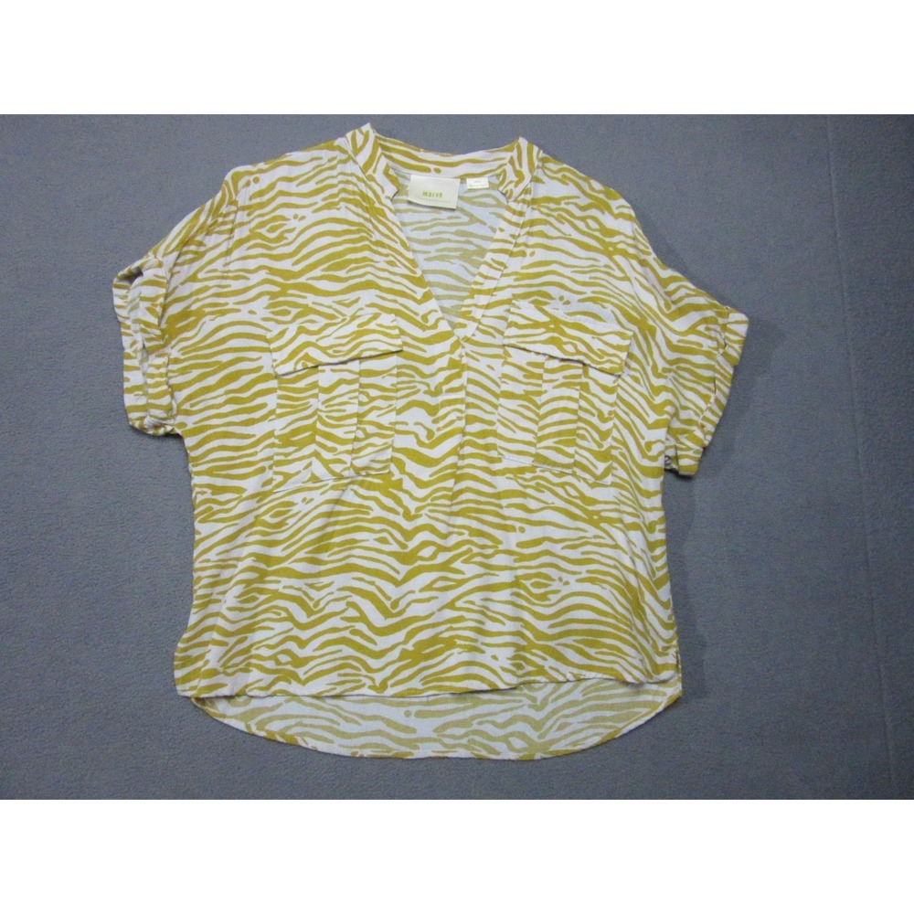 Anthropologie Maeve Blouse Women XS Yellow Zebra Print Boxy Cuffed Sleeve V-Neck